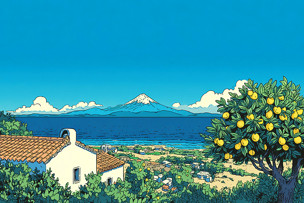 JPG 여유 바다 여행 일러스트 자연 하늘 휴식 귤 산 주택 풍경 해변 파란색 평화 노을 고요 시골 신선 과일나무 뷰티풀 국내일러스트 AI일러스트 AI콘텐츠 자연요소 나무 감정 컬러 컨셉 과일 건물 생태계 파일형식