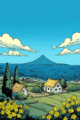 JPG 꽃 바다 여행 일러스트 자연 하늘 산 주택 초가집 풍경 초원 사람없음 여름 평화 일몰 시골 멀리 조화 국내일러스트 AI일러스트 AI콘텐츠 식물 계절 컨셉 한옥 건물 노을 생태계 파일형식