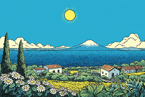 JPG 나무 바다 컬러 일러스트 자연 하늘 날씨 주택 풍경 초원 여름 햇빛 농장 평화 들꽃 향기 화창 설산 국내일러스트 AI일러스트 AI콘텐츠 식물 계절 꽃 컨셉 농업 산 건물 태양 생태계 냄새 파일형식