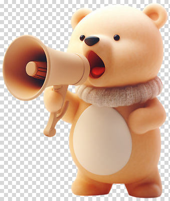 편집이미지 캐릭터 인형 포즈 곰 형상 장난감 귀여움 목도리 확성기 소리 외침 즐거움 PNG 소통 동물 잡화 감정 컨셉 포유류 파일형식