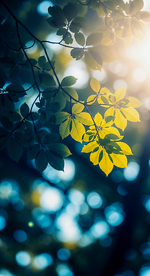 JPG 나무 식물 편집이미지 백그라운드 자연 생명 나뭇잎 풍경 초록색 파란색 반짝임 햇빛 숲 장면 부드러움 뷰티풀 편집실사 AI포토 AI콘텐츠 컬러 잎 모션 태양 감각 CG 생태계 파일형식