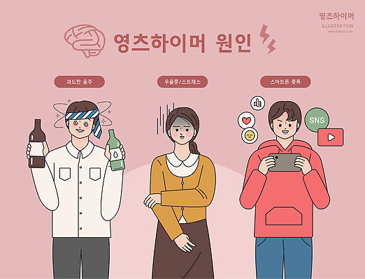 캐릭터 감정 일러스트 스트레스 건강 실험 스마트폰 정보 알코올 균형 예방 심리 소통 자기관리 조언 정신건강 국내일러스트 영츠하이머 AI파일 컨셉 핸드폰 스마트기기 알츠하이머 합성어 파일형식 벡터