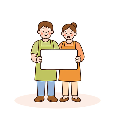 캐릭터 부부 행복 일러스트 협력 함께함 따뜻함 작업복 미소 일상 초록색 주황색 만남 표지판 그룹 소통 국내일러스트 민생회복소비쿠폰 AI파일 커플 옷 감정 컬러 컨셉 알림판 표정 라이프 파일형식 벡터 지원금