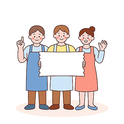 캐릭터 디자인 행복 일러스트 모션 협력 미소 여러명 세명 조리복 즐거움 소통 긍정적 창의성 상호작용 국내일러스트 민생회복소비쿠폰 AI파일 감정 다수 컨셉 유니폼 표정 사람 파일형식 벡터 지원금