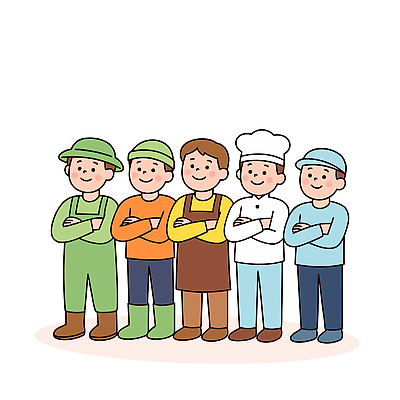 직업 캐릭터 남자 컬러 유니폼 일러스트 협력 여러명 요리사 다양 표현 작업 사무원 엔지니어 농부 서비스 무역 그림 국내일러스트 민생회복소비쿠폰 AI파일 옷 산업 다수 사람 기술자 파일형식 벡터 지원금