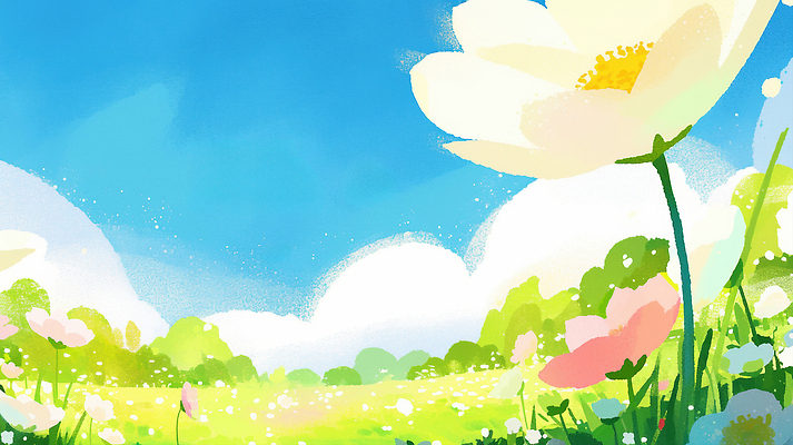 JPG 구름 꽃 컬러 하늘색 일러스트 자연 하늘 생명 풍경 초원 야외 초록색 여름 햇빛 평화 장면 채색 뷰티풀 오후 국내일러스트 AI일러스트 AI콘텐츠 자연요소 식물 계절 컨셉 미술 파란색 태양 생태계 파일형식