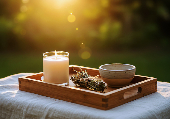 JPG 편집이미지 웰빙 촛불 자연 탁자 야외 일상 광선 편안함 허브 향기 나무쟁반 오후 편집실사 AI포토 AI콘텐츠 식물 가구 초 쟁반 라이프 목재 감각 CG 생태계 냄새 파일형식