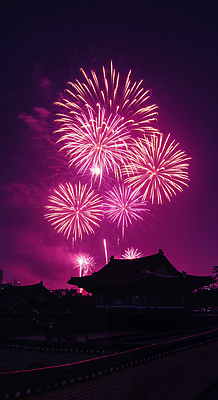 JPG 편집이미지 문화 컬러 고건축 야경 하늘 서울 폭죽 불꽃놀이 축제 화려 저녁 구경 즐거움 편집실사 AI포토 AI콘텐츠 건축물 감정 컨셉 놀이 한국 야간 CG 파일형식 풍경_경치