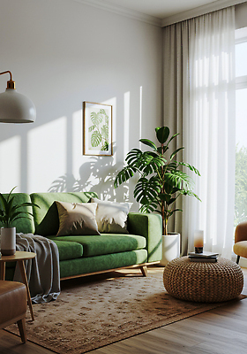 JPG 식물 편집이미지 디자인 가구 거실 주택 실내 인테리어 소파 햇빛 공간 커튼 편안함 담요 편집실사 AI포토 AI콘텐츠 생활용품 의자 내부 건물 태양 감각 CG 파일형식