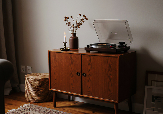 JPG 편집이미지 거실 촛불 인테리어 꽃병 음악감상 빈티지 편안함 캐비닛 오브젝트 턴테이블 목재가구 편집실사 AI포토 AI콘텐츠 디자인 꽃 가구 컨셉 초 감상 감각 사물함 CG 파일형식