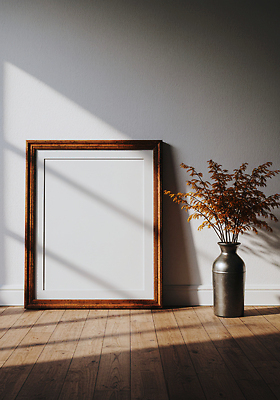 JPG 나무 식물 편집이미지 화분 벽 액자 잎 바닥 실내 따뜻함 목재 인테리어 공간 금색 비어있는 편집실사 AI포토 AI콘텐츠 디자인 컬러 재료 내부 CG 파일형식