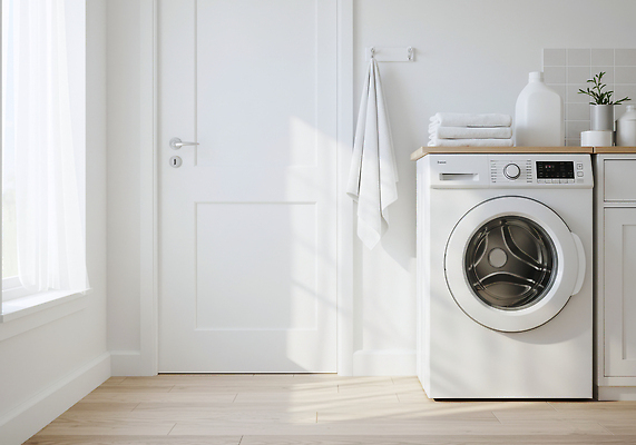 JPG 편집이미지 가정 실내 생활 빛 인테리어 깨끗함 청결 가전제품 빨래 모던 정리 세탁기 세탁실 주거공간 편집실사 AI포토 AI콘텐츠 디자인 컨셉 가사 내부 공간 위생 CG 파일형식