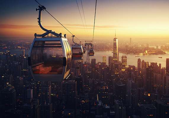 JPG 편집이미지 여행 하늘 풍경 건물 빨간색 빛 노을 일몰 전선 도시 저녁 뉴욕 케이블카 스카이라인 편집실사 AI포토 AI콘텐츠 자연요소 건축물 컬러 미국 야간 CG 파일형식