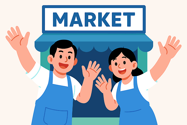 부부 일러스트 모션 웃음 여러명 상점 앞치마 만남 시장 상인 즐거움 서비스 상업 커뮤니티 소통 가벼움 손흔들기 지원금 국내일러스트 민생지원금 민생회복소비쿠폰 AI파일 커플 감정 다수 컨셉 표정 사람 무게 정부정책 지원 파일형식 벡터