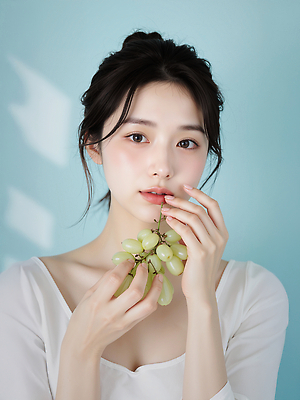 JPG 편집이미지 손 여자 패션 감정 포도 청춘 뷰티 파란배경 청순 의료성형뷰티 예민 편집실사 AI포토 AI인물포토 AI콘텐츠 백그라운드 컨셉 과일 사람 신체부위 파란색 CG 파일형식
