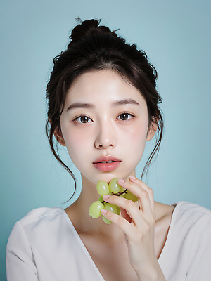 JPG 편집이미지 손 여자 백그라운드 과일 포도 조명 표정 건강 미소 피부 청록색 이미지 뷰티풀 의료성형뷰티 편집실사 AI포토 AI인물포토 AI콘텐츠 컬러 사람 신체부위 CG 파일형식