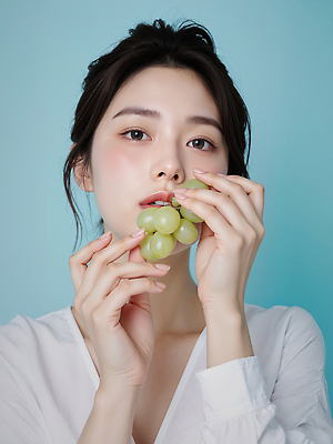 JPG 편집이미지 헤어스타일 여자 패션 포즈 과일 미소 뷰티 매력적 파란배경 의료성형뷰티 스타일 편집실사 AI포토 AI인물포토 AI콘텐츠 백그라운드 컨셉 표정 사람 파란색 CG 파일형식