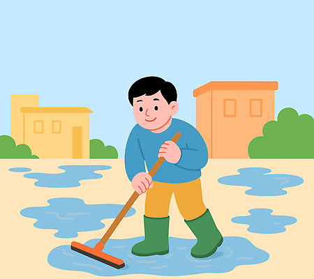 어린이 일러스트 모션 자연 하늘 주택 장화 풍경 야외 햇빛 정원 작업 청소 즐거움 국내일러스트 AI파일 감정 신발 사람 건물 태양 생태계 파일형식 벡터