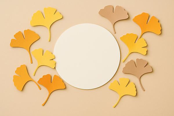JPG 편집이미지 디자인 컬러 백그라운드 자연 장식 갈색 노란색 주황색 가을 원형 그림 은행잎 조화 구성 베이지색 편집실사 AI포토 AI콘텐츠 도형 계절 잎 CG 생태계 파일형식