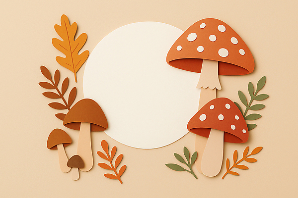 JPG 편집이미지 디자인 계절 종이 컬러 백그라운드 잎 자연 장식 버섯 공예 그림 조화 꾸미기 창의성 편집실사 AI포토 AI콘텐츠 식물 취미 CG 생태계 파일형식