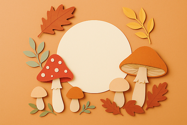 JPG 모양 편집이미지 디자인 컬러 백그라운드 자연 나뭇잎 장식 주황색 버섯 공예 종이공예 그림 조화 독창 편집실사 AI포토 AI콘텐츠 잎 취미 CG 생태계 파일형식