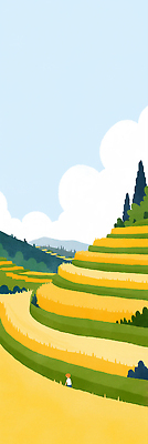 JPG 여유 농업 일러스트 자연 산 사람 풍경 초원 초록색 평화 걷기 환경 산책로 금색 시골 언덕 계단식논 국내일러스트 AI일러스트 AI콘텐츠 감정 산업 길 컬러 컨셉 모션 논 생태계 파일형식