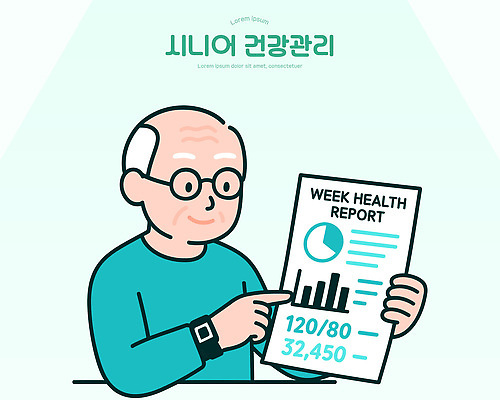 웰빙 노년 일러스트 모션 통계 건강 관리 치료 자료 의사 정보 기록 분석 체크표시 보고서 예방 주말 건강검진 생활습관 혈압 국내일러스트 AI파일 컨셉 의학 성인 의료진 확인 검사_조사 습관 파일형식 벡터