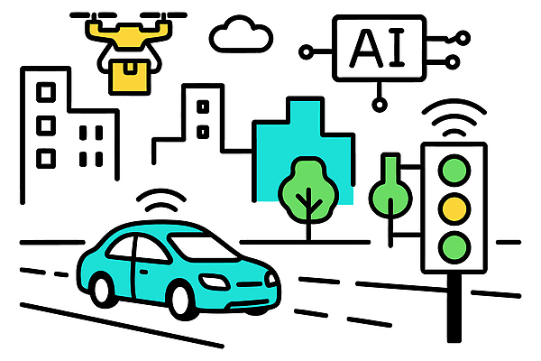 도로 교통 이동 일러스트 통신 기술 안전 풍경 건물 환경 정보 비행 도시 발전 신호등 교차로 혁명 드론 AI_인공지능 국내일러스트 AI파일 건축물 길 컨셉 교통시설 파일형식 벡터
