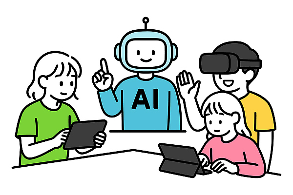 캐릭터 교육 일러스트 놀이 미래 협력 기술 학습 태블릿 디지털 체험 그룹 즐거움 소통 혁명 상상력 창의력 가상현실 상호작용 AI_인공지능 국내일러스트 AI파일 감정 컨셉 전자제품 스마트기기 파일형식 벡터