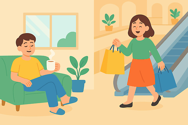 여자 남자 행복 커피 일러스트 장신구 모션 휴식 여러명 취미 일상 쇼핑 소파 쇼핑백 상점 카페 소비 편안함 쇼핑몰 에스컬레이터 국내일러스트 AI파일 감정 음료 다수 컨셉 의자 가방 사람 라이프 감각 파일형식 벡터