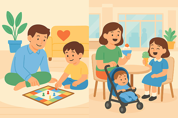 행복 아들 어린이 일러스트 가족 놀이 엄마 아이스크림 실내 대화 웃음 취미 부모 놀이방 자녀 시간 아빠 즐거움 보드게임 국내일러스트 AI파일 감정 관계 디저트 표정 말하기 사람 내부 파일형식 벡터