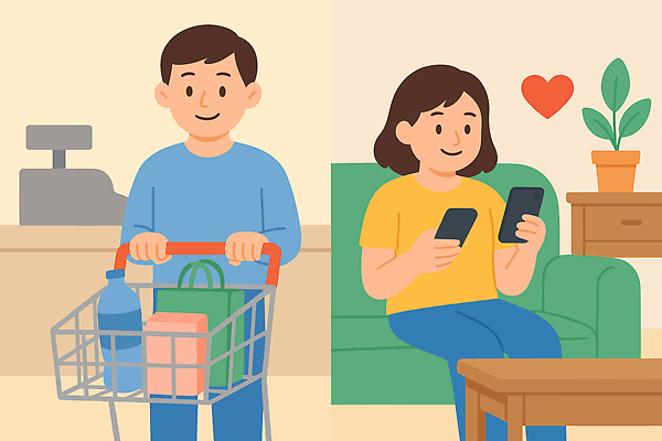 식물 여자 남자 일러스트 휴식 주택 기술 사랑 일상 생활 스마트폰 쇼핑 인테리어 소파 소비 상품 편안함 계산대 장바구니 소통 국내일러스트 AI파일 디자인 감정 컨셉 의자 사람 건물 라이프 핸드폰 스마트기기 바구니 감각 파일형식 벡터