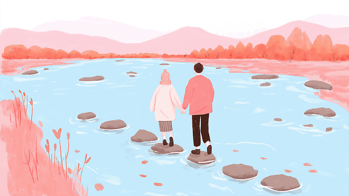 JPG 커플 여유 여행 일러스트 자연 하늘 산 사랑 풍경 물 강 평화 걷기 귀여움 손잡기 가을 돌_바위 즐거움 감성 조화 인연 국내일러스트 AI일러스트 AI콘텐츠 자연요소 계절 감정 컨셉 관계 모션 생태계 파일형식