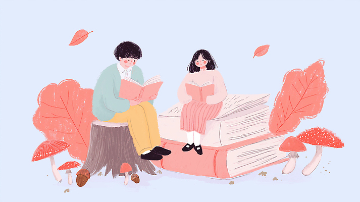 JPG 나무 여유 일러스트 자연 휴식 나뭇잎 따뜻함 이야기 사람 앉기 풍경 두명 책 독서 귀여움 버섯 가을 시간 감성 나무밑둥 국내일러스트 AI일러스트 AI콘텐츠 식물 계절 감정 컨셉 잎 모션 생태계 파일형식