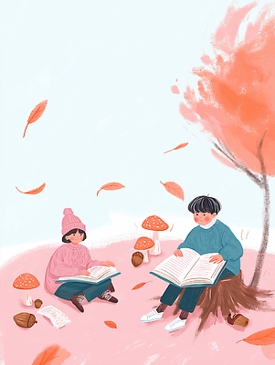 JPG 나무 어린이 일러스트 모션 자연 나뭇잎 풍경 책 독서 소풍 버섯 가을 나뭇가지 숲 편안함 즐거움 감성 색채 국내일러스트 AI일러스트 AI콘텐츠 식물 계절 감정 컨셉 잎 사람 야외활동 감각 생태계 파일형식