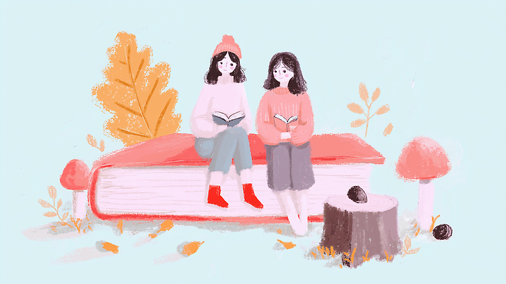 JPG 캐릭터 여자 여유 일러스트 자연 놀이 나뭇잎 이야기 풍경 취미 책 친구 독서 버섯 가을 그림 문학 그림책 상상력 색채 국내일러스트 AI일러스트 AI콘텐츠 계절 감정 잎 관계 사람 생태계 파일형식