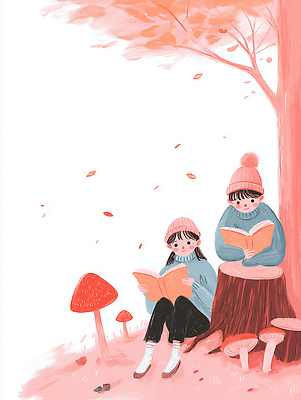 JPG 나무 모자 컬러 일러스트 자연 휴식 나뭇잎 풍경 소녀 소년 책 여름 친구 독서 버섯 가을 시간 숲 편안함 감성 국내일러스트 AI일러스트 AI콘텐츠 식물 잡화 계절 여자 남자 어린이 컨셉 잎 관계 감각 생태계 파일형식