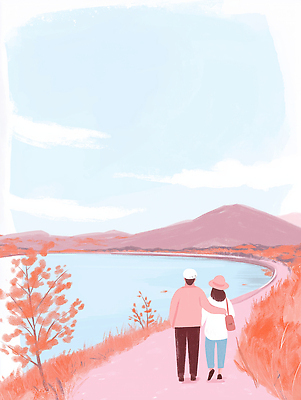 JPG 나무 커플 호수 여유 여행 일러스트 자연 하늘 산 사랑 풍경 초원 일상 물 걷기 산책로 낭만 가을 조용 뷰티풀 국내일러스트 AI일러스트 AI콘텐츠 자연요소 식물 계절 감정 길 컨셉 관계 모션 라이프 생태계 파일형식