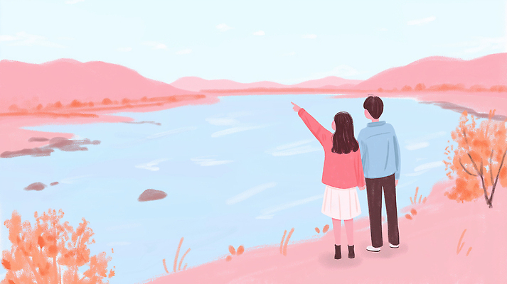 JPG 커플 사계절 여행 일러스트 손가락 모션 자연 하늘 산 함께함 대화 사랑 풍경 여름 강 일몰 보트 강가 즐거움 소통 국내일러스트 AI일러스트 AI콘텐츠 손 계절 감정 컨셉 배_교통 관계 말하기 노을 생태계 파일형식