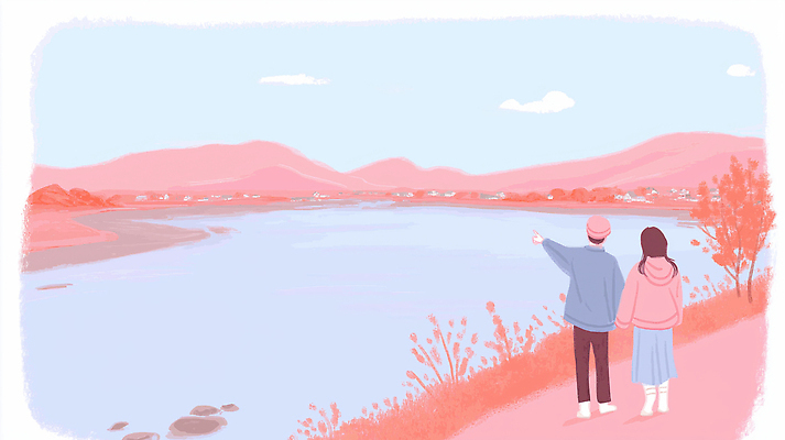 JPG 커플 계절 여유 여행 일러스트 자연 하늘 산 대화 사랑 풍경 물 평화 손잡기 산책 감상 강가 뷰티풀 순간 국내일러스트 AI일러스트 AI콘텐츠 자연요소 감정 컨셉 관계 모션 휴식 말하기 강 생태계 파일형식