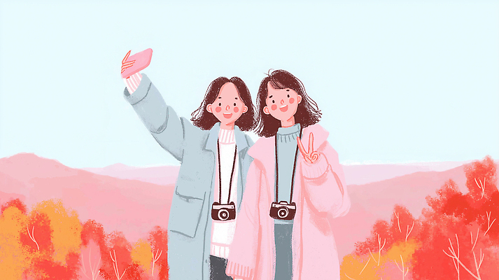 JPG 모자 행복 포즈 일러스트 자연 산 기념 함께함 미소 풍경 친구 카메라 촬영 코트 가을 즐거움 외출 뷰티풀 사교 색감 국내일러스트 AI일러스트 AI콘텐츠 잡화 계절 감정 컨셉 관계 표정 전자제품 외투 생태계 파일형식