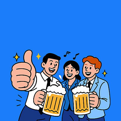 행복 음료 일러스트 맥주 함께함 미소 웃음 취미 친구 파티 축하 동료 즐거움 파란배경 친목 회식 국내일러스트 AI파일 감정 백그라운드 컨셉 관계 주류 표정 이벤트 파란색 식사 파일형식 벡터