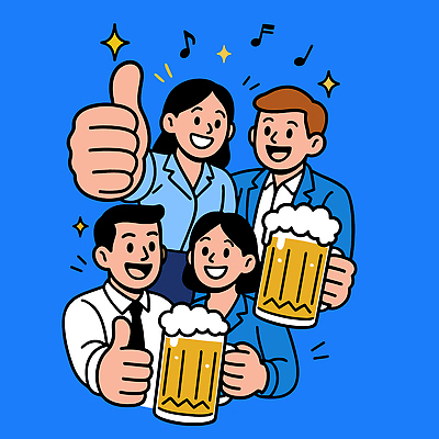 캐릭터 음악 일러스트 커뮤니케이션 맥주 웃음 사무실 모임 만남 축하 분위기 결과 동료 즐거움 나눔 친목 사교 국내일러스트 AI파일 감정 컨셉 비즈니스 관계 문화예술 주류 표정 파일형식 벡터