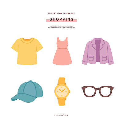 모자 디자인 드레스 옷 안경 시계 컬러 티셔츠 일러스트 장신구 그래픽 쇼핑 재킷 평면 스타일 국내일러스트 AI파일 잡화 셔츠 외투 파일형식 벡터