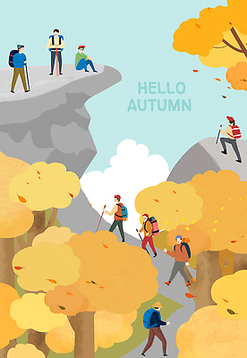 PSD 나무 여행 단풍 일러스트 가족 모션 자연 산 풍경 여러명 취미 친구 운동 등산 하이킹 도전 가을 즐거움 HELLO 루트 국내일러스트 식물 계절 감정 다수 잎 관계 레저 건강 사람 트래킹 인사 생태계 파일형식