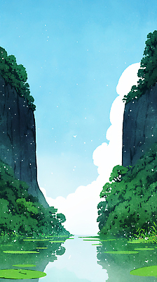 JPG 나무 여유 하늘색 일러스트 자연 하늘 풍경 초원 초록색 여름 강 햇빛 평화 골짜기 바위 수면 생태계 클라우드서비스 국내일러스트 AI일러스트 AI콘텐츠 식물 계절 감정 컬러 컨셉 물 파란색 태양 돌_바위 서비스 파일형식