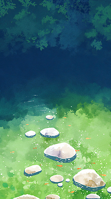 JPG 일러스트 자연 휴식 어류 풍경 야외 물 여름 파란색 계곡 고요 돌_바위 수면 수중식물 숲 그림 생태계 조용 국내일러스트 AI일러스트 AI콘텐츠 자연요소 식물 계절 컬러 컨셉 수중동물 파일형식