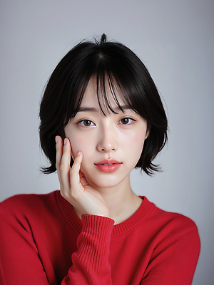 JPG 편집이미지 헤어스타일 패션 감정 백그라운드 조명 표정 사람 빨간색 찡그림 스웨터 뷰티풀 의료성형뷰티 스타일 편집실사 AI포토 AI인물포토 AI콘텐츠 컬러 상의 CG 파일형식