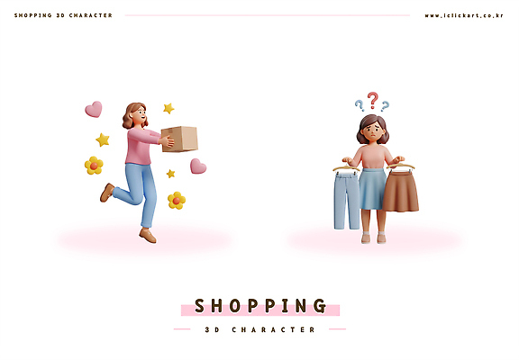 PSD 편집이미지 캐릭터 옷 여자 패션 거리 웃음 쇼핑 상자 선택 옷걸이 즐거움 택배 고민 장면 편집3D 감정 컨셉 표정 사람 3D 운송업 파일형식