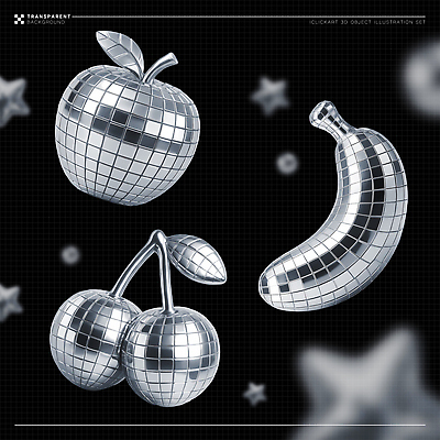 PSD 편집이미지 디자인 백그라운드 과일 바나나 그래픽 반짝임 세트 반사 3D 금속 체리 사과 오브젝트 편집3D 모션 재질 디지털합성 파일형식